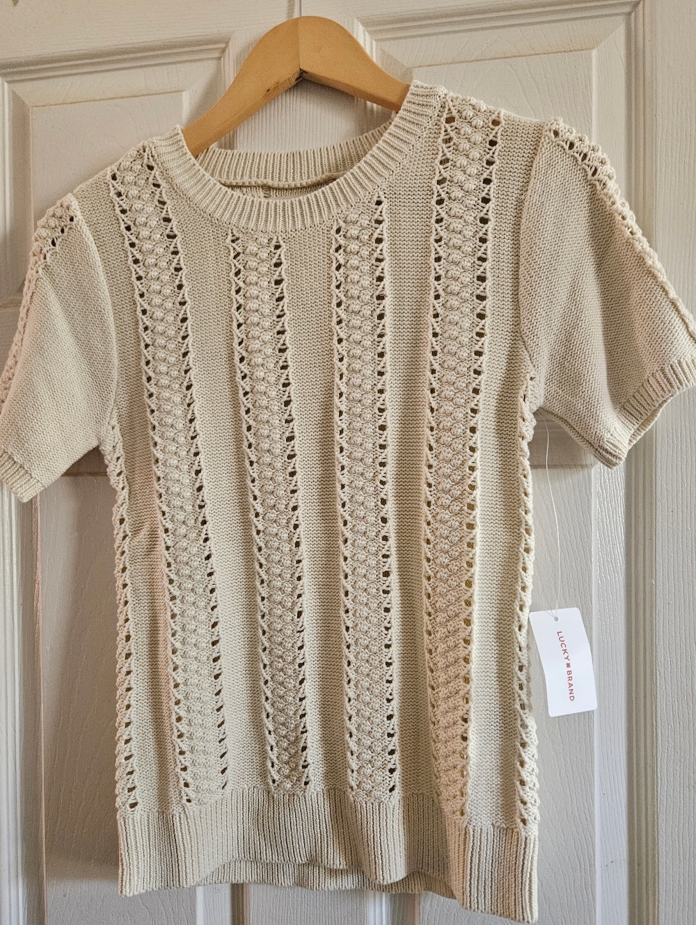 Lucky Brand Cream Crochet-Detail Short Sleeve Sweater